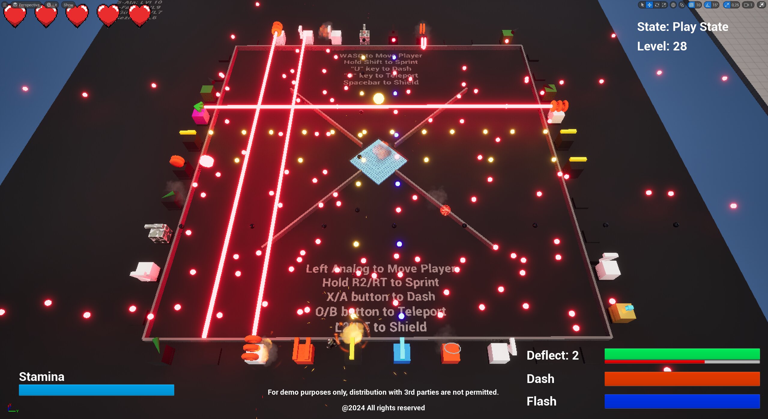 The arena during a run in Unreal, towers ringing the perimeter and firing into the play space.
