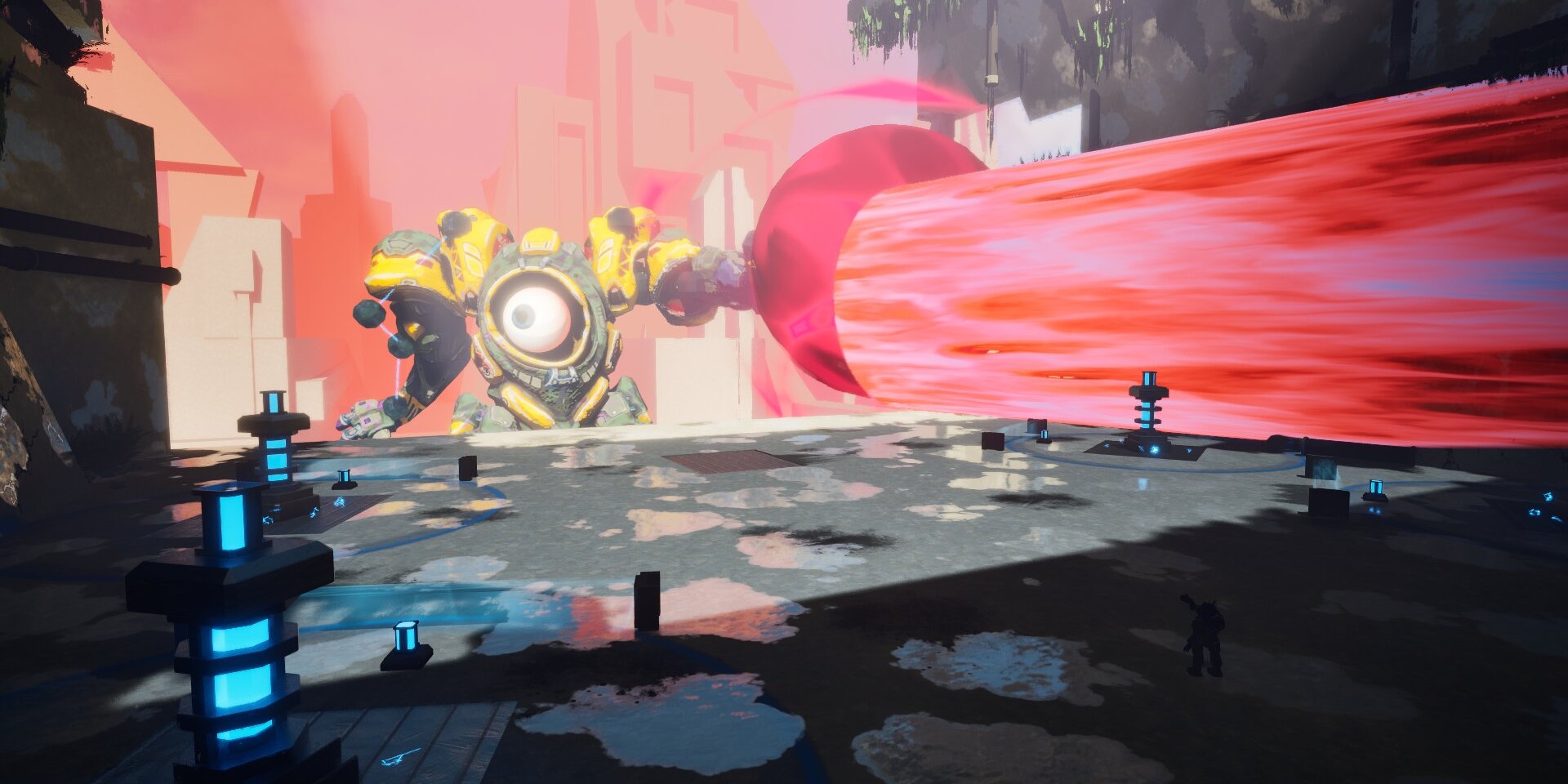 The FATE boss firing the Laser Sweep, a wide red beam crossing the arena platform, in Unreal Engine 5.