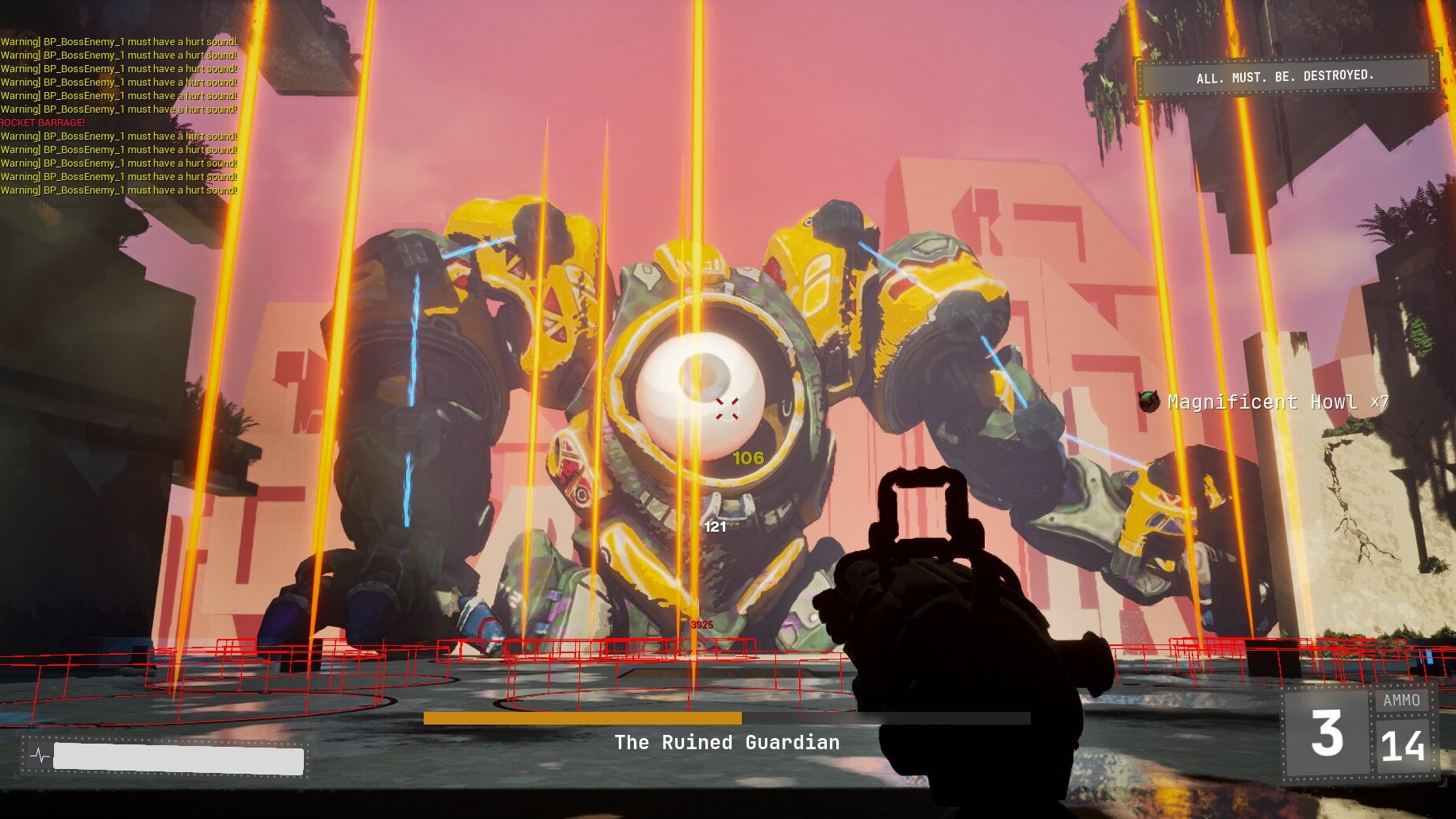First-person view of the FATE boss, The Ruined Guardian, during the Rocket Barrage attack.