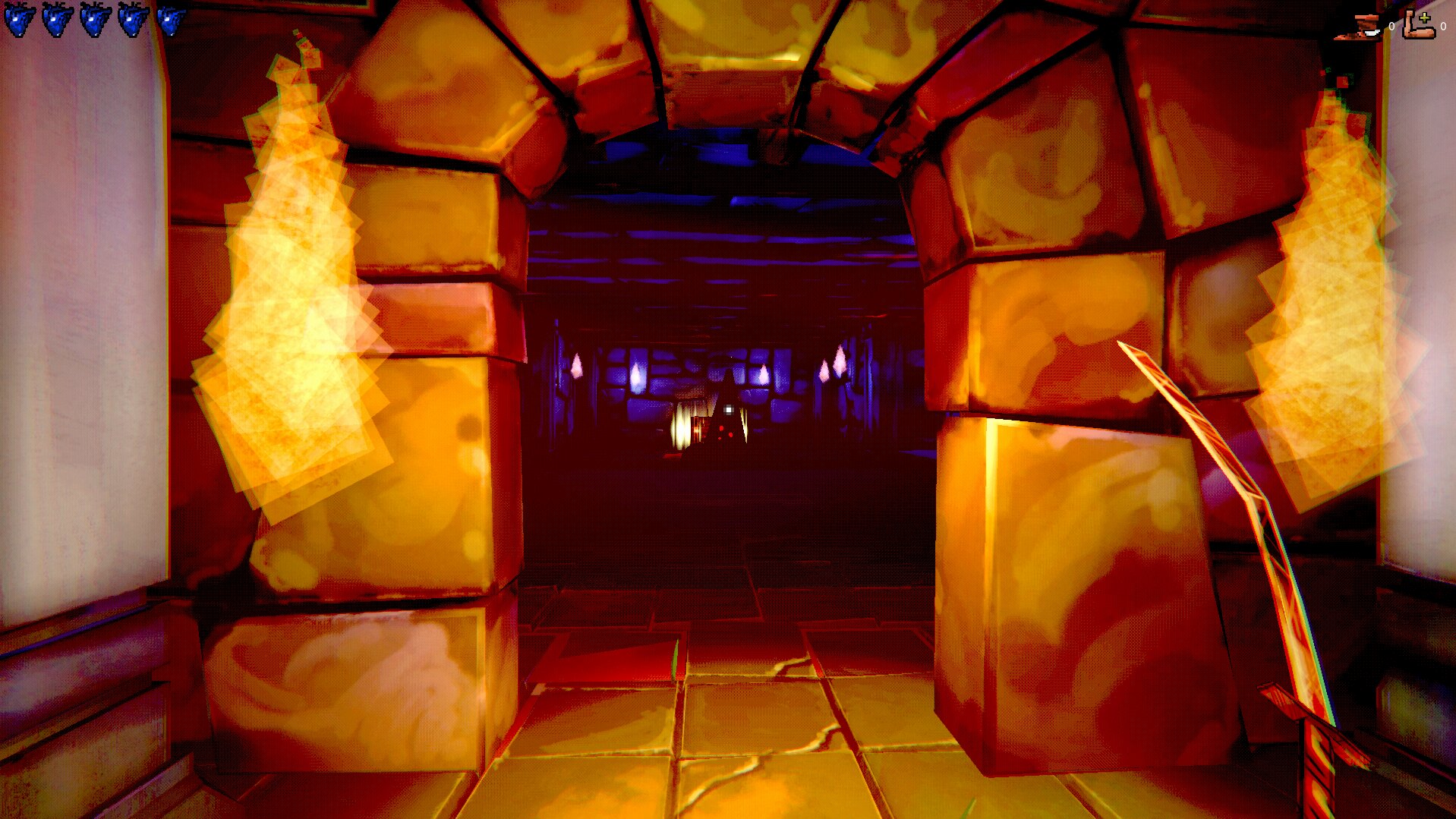 Somnium in Unity: a corridor of red and gold stonework seen from the player's viewpoint, with the health display in the corner.